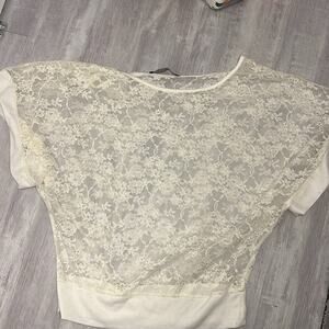 Short sleeve sheer lace round neck blouse